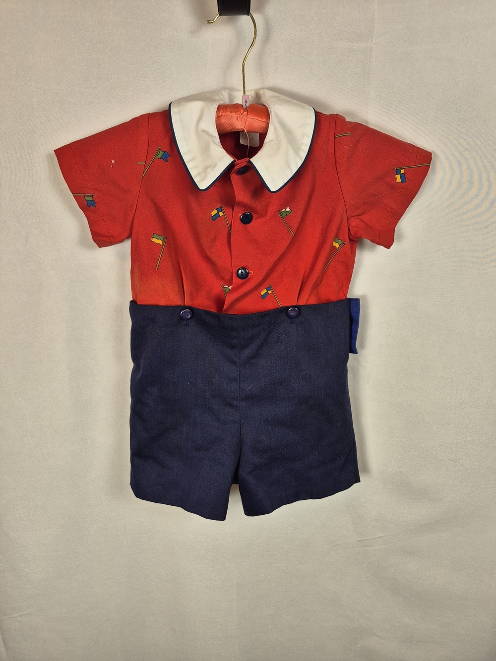Vintage Kids Red and Navy One-Piece Romper with Peter Pan Collar Size 4T